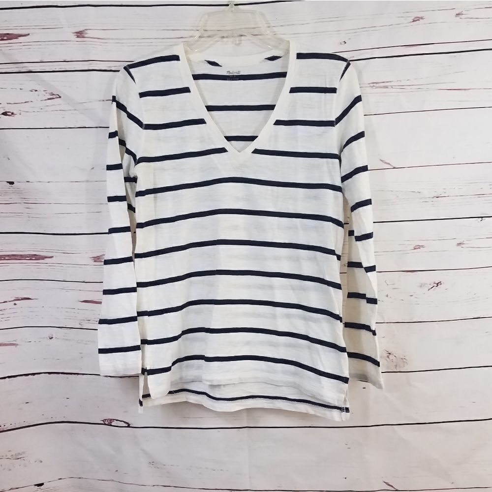 MADEWELL Black White Striped V-Neck Top